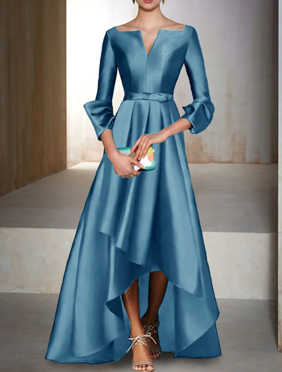 NumberSea - A - Line Evening Gown Elegant Dress Formal Wedding Guest Floor Length 3/4 Length Sleeve V Neck Satin with Bow(s)