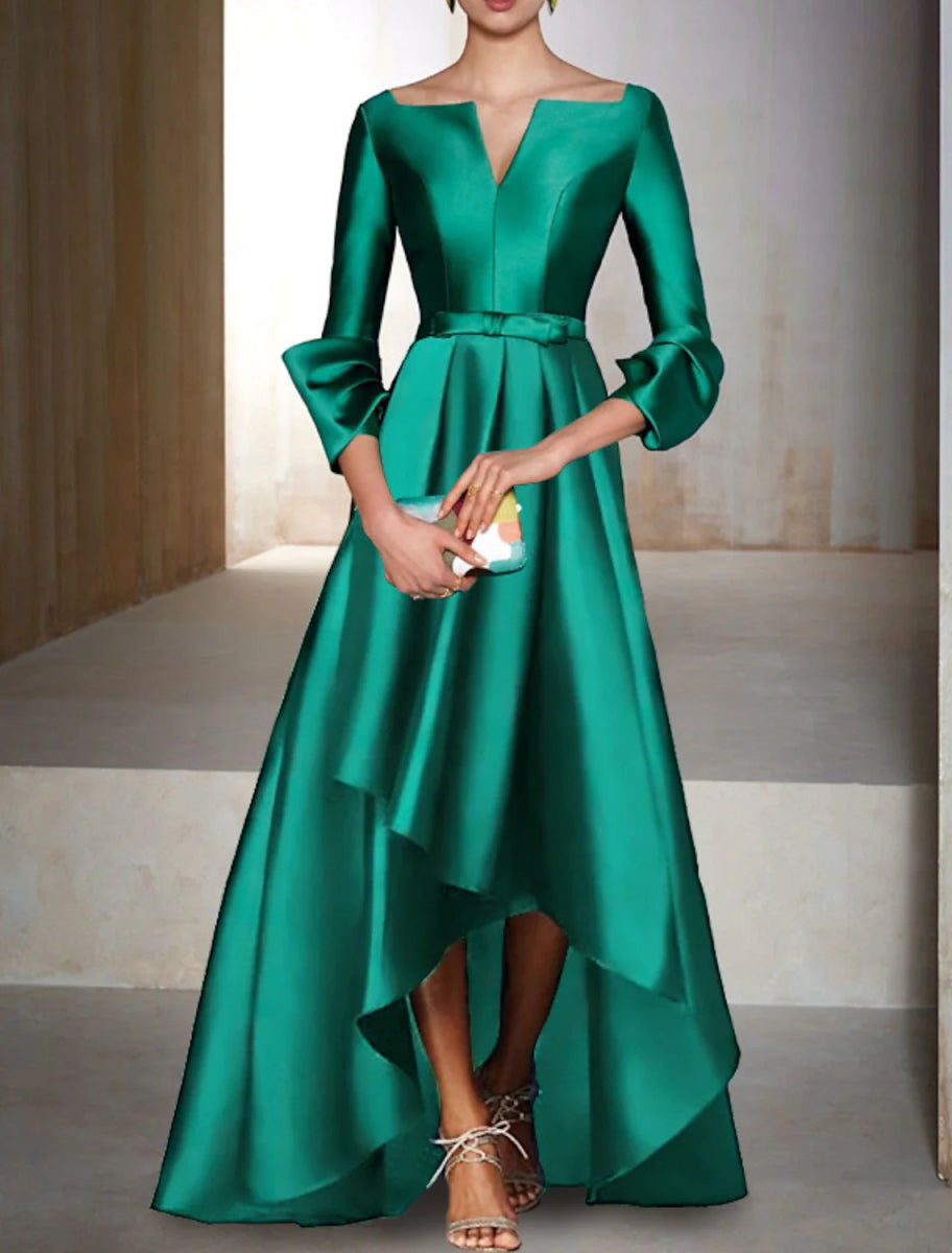 NumberSea - A - Line Evening Gown Elegant Dress Formal Wedding Guest Floor Length 3/4 Length Sleeve V Neck Satin with Bow(s)