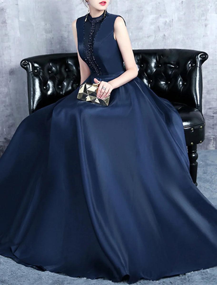 NumberSea - A - Line Evening Gown Elegant Dress Formal Wedding Guest Floor Length Sleeveless High Neck Satin with Pleats