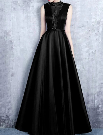 NumberSea - A - Line Evening Gown Elegant Dress Formal Wedding Guest Floor Length Sleeveless High Neck Satin with Pleats