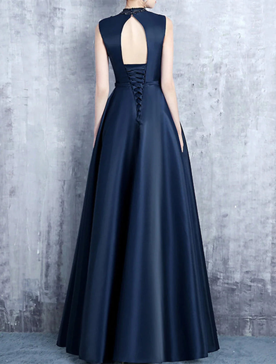 NumberSea - A - Line Evening Gown Elegant Dress Formal Wedding Guest Floor Length Sleeveless High Neck Satin with Pleats