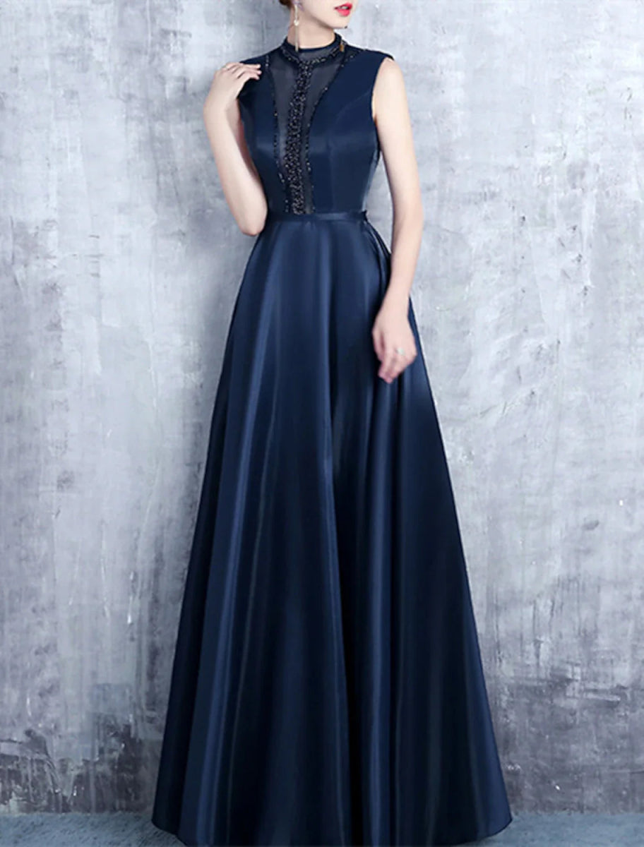 NumberSea - A - Line Evening Gown Elegant Dress Formal Wedding Guest Floor Length Sleeveless High Neck Satin with Pleats