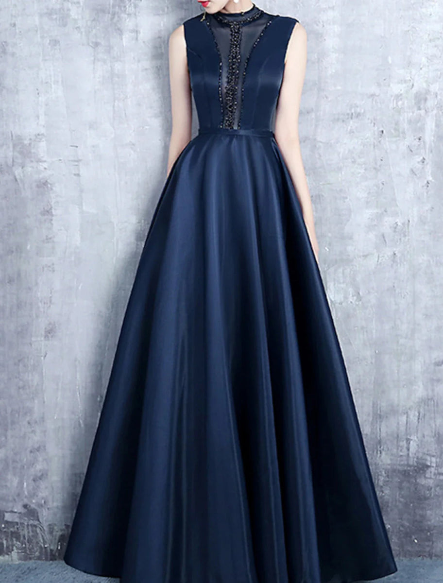 NumberSea - A - Line Evening Gown Elegant Dress Formal Wedding Guest Floor Length Sleeveless High Neck Satin with Pleats