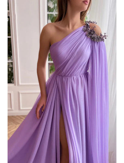 NumberSea - A - Line Evening Gown Elegant Dress Formal Wedding Guest Sweep / Brush Train Sleeveless One Shoulder Capes Chiffon with Slit Shawl