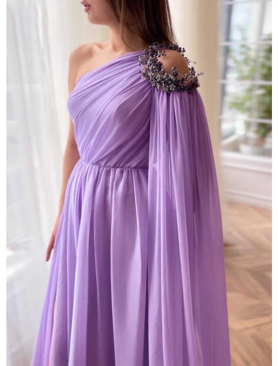 NumberSea - A - Line Evening Gown Elegant Dress Formal Wedding Guest Sweep / Brush Train Sleeveless One Shoulder Capes Chiffon with Slit Shawl