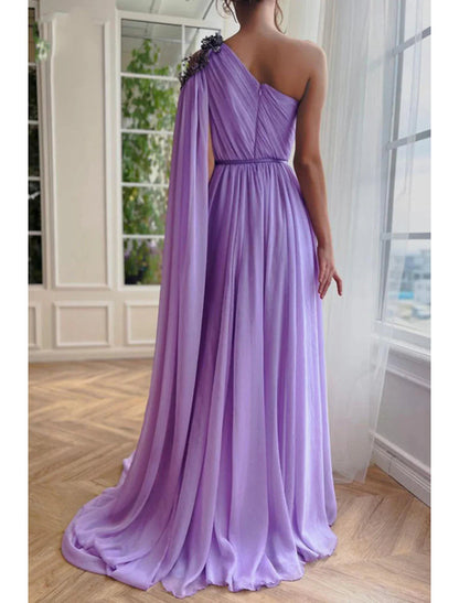 NumberSea - A - Line Evening Gown Elegant Dress Formal Wedding Guest Sweep / Brush Train Sleeveless One Shoulder Capes Chiffon with Slit Shawl