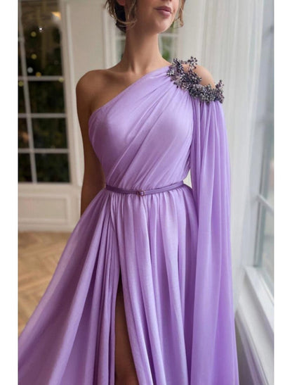 NumberSea - A - Line Evening Gown Elegant Dress Formal Wedding Guest Sweep / Brush Train Sleeveless One Shoulder Capes Chiffon with Slit Shawl