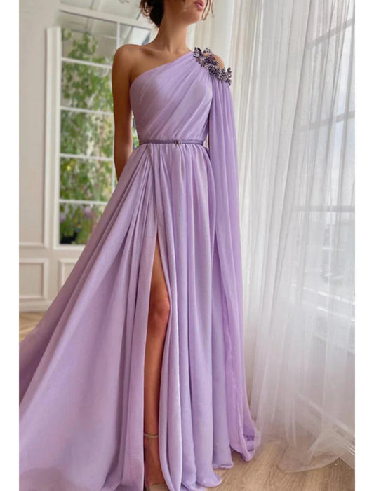 NumberSea - A - Line Evening Gown Elegant Dress Formal Wedding Guest Sweep / Brush Train Sleeveless One Shoulder Capes Chiffon with Slit Shawl