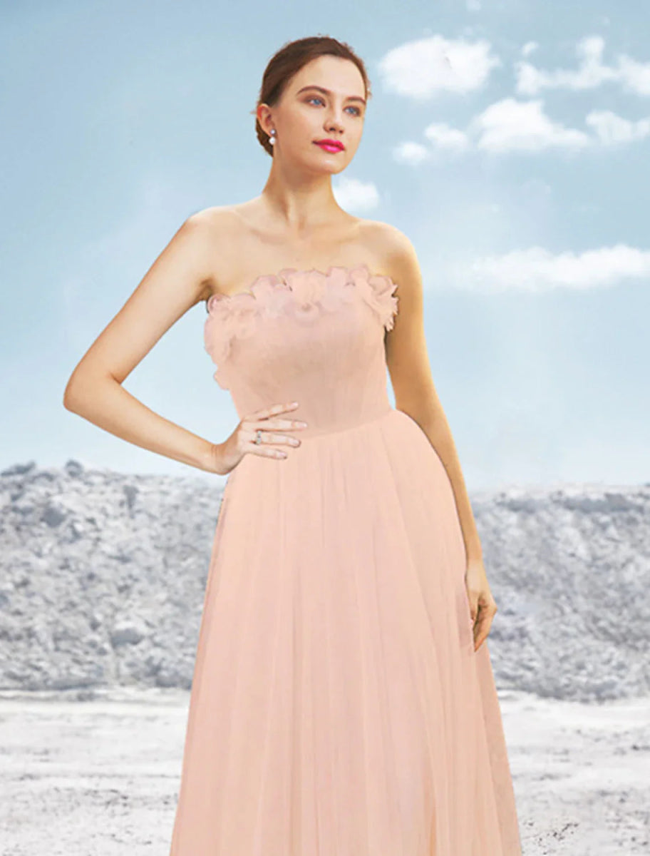 NumberSea - A - Line Evening Gown Elegant Dress Formal Wedding Party Sweep / Brush Train Sleeveless Strapless Tulle with Pleats