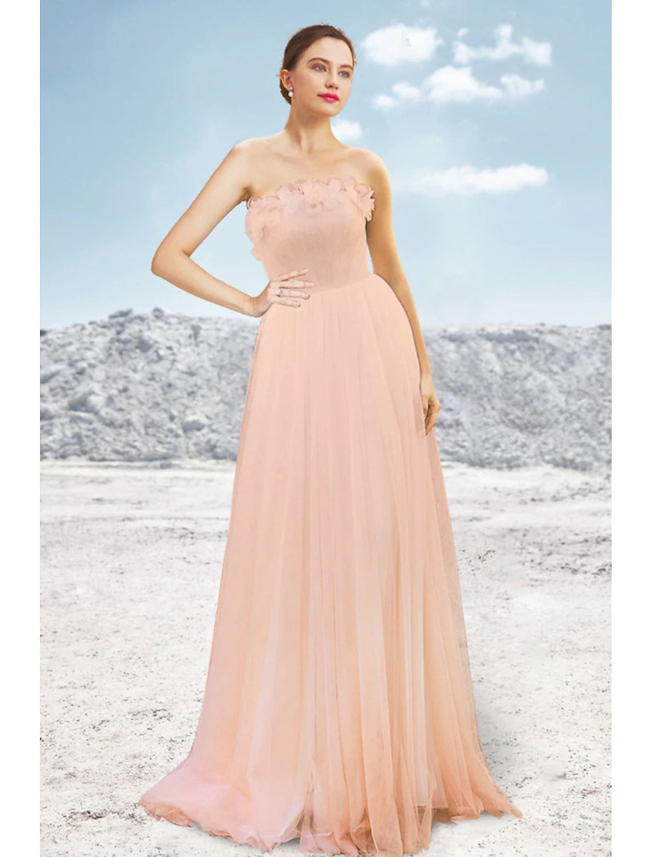 NumberSea - A - Line Evening Gown Elegant Dress Formal Wedding Party Sweep / Brush Train Sleeveless Strapless Tulle with Pleats