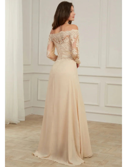 NumberSea - A - Line Evening Gown Elegant Dress Wedding Guest Floor Length Long Sleeve Off Shoulder Polyester with Overskirt Appliques