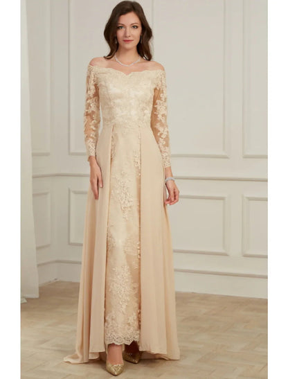 NumberSea - A - Line Evening Gown Elegant Dress Wedding Guest Floor Length Long Sleeve Off Shoulder Polyester with Overskirt Appliques