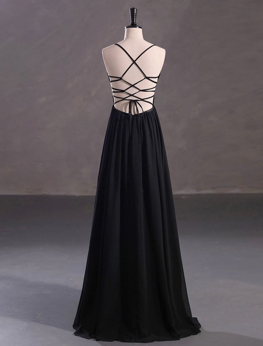 NumberSea - A - Line Evening Gown Elegant Dress Wedding Guest Floor Length Sleeveless Spaghetti Strap Chiffon Crisscross Back with Sequin Slit