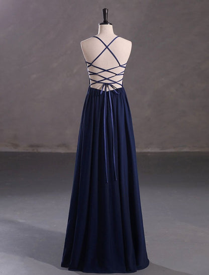 NumberSea - A - Line Evening Gown Elegant Dress Wedding Guest Floor Length Sleeveless Spaghetti Strap Chiffon Crisscross Back with Sequin Slit