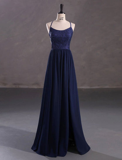 NumberSea - A - Line Evening Gown Elegant Dress Wedding Guest Floor Length Sleeveless Spaghetti Strap Chiffon Crisscross Back with Sequin Slit