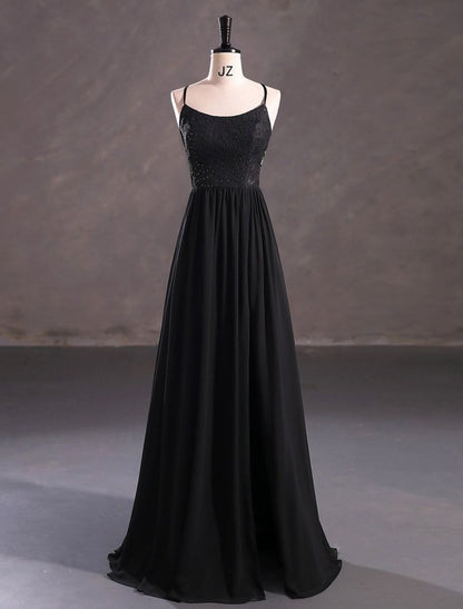 NumberSea - A - Line Evening Gown Elegant Dress Wedding Guest Floor Length Sleeveless Spaghetti Strap Chiffon Crisscross Back with Sequin Slit