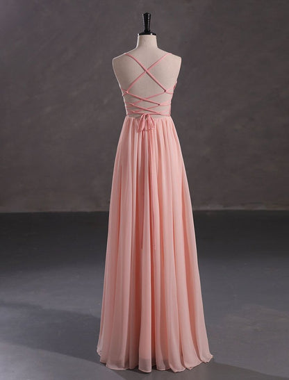 NumberSea - A - Line Evening Gown Elegant Dress Wedding Guest Floor Length Sleeveless Spaghetti Strap Chiffon Crisscross Back with Sequin Slit