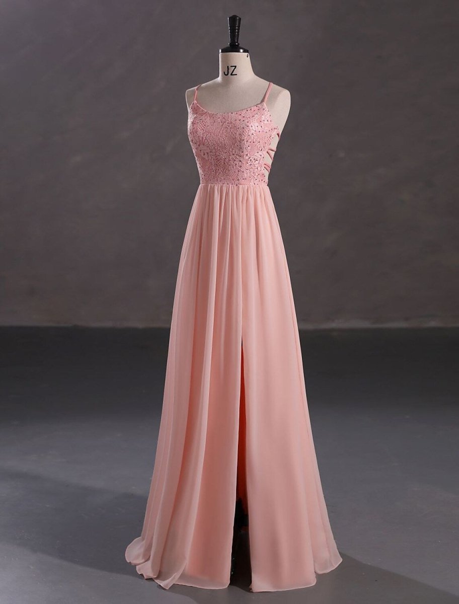 NumberSea - A - Line Evening Gown Elegant Dress Wedding Guest Floor Length Sleeveless Spaghetti Strap Chiffon Crisscross Back with Sequin Slit