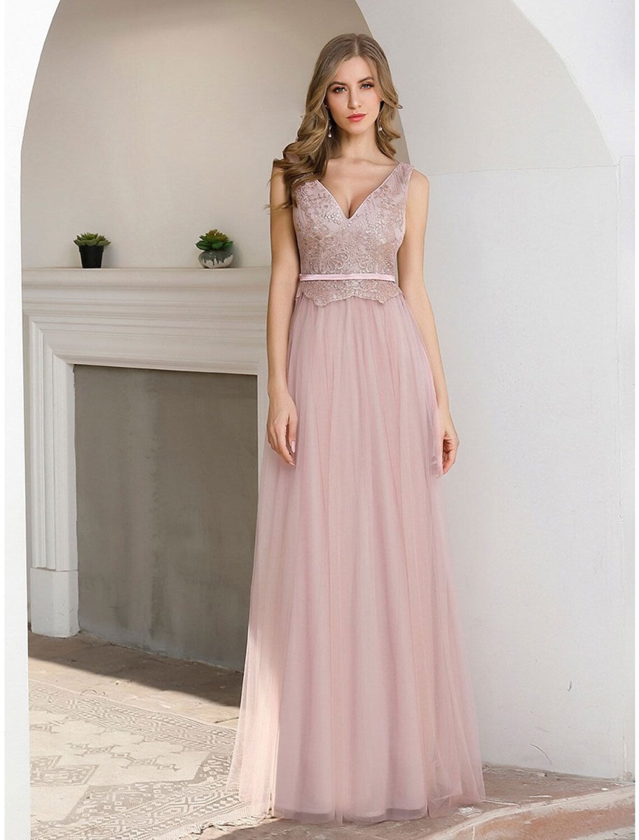 NumberSea - A - Line Evening Gown Elegant Dress Wedding Guest Floor Length Sleeveless V Neck Satin V Back with Sash / Ribbon Sequin