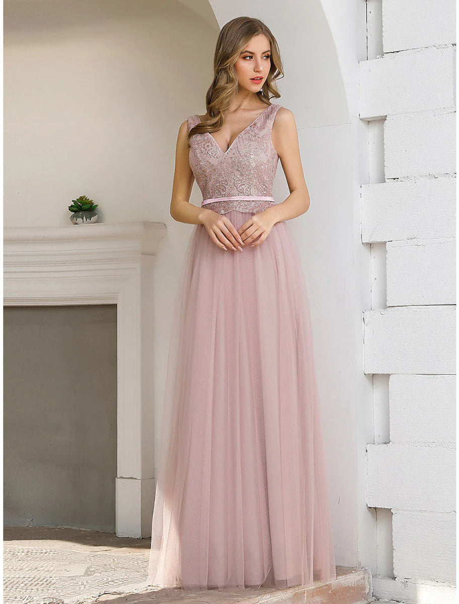 NumberSea - A - Line Evening Gown Elegant Dress Wedding Guest Floor Length Sleeveless V Neck Satin V Back with Sash / Ribbon Sequin