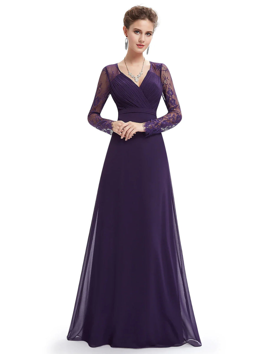 NumberSea - A - Line Evening Gown Elegant Dress Wedding Guest Formal Evening Floor Length Long Sleeve V Neck Chiffon with Sash / Ribbon Ruched Lace Insert