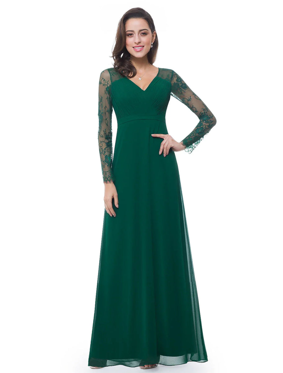 NumberSea - A - Line Evening Gown Elegant Dress Wedding Guest Formal Evening Floor Length Long Sleeve V Neck Chiffon with Sash / Ribbon Ruched Lace Insert