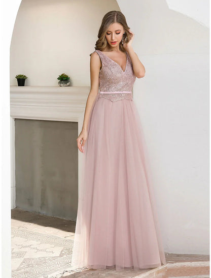 NumberSea - A - Line Evening Gown Elegant Dress Wedding Guest Formal Evening Floor Length Sleeveless V Neck Satin V Back with Sash / Ribbon Sequin