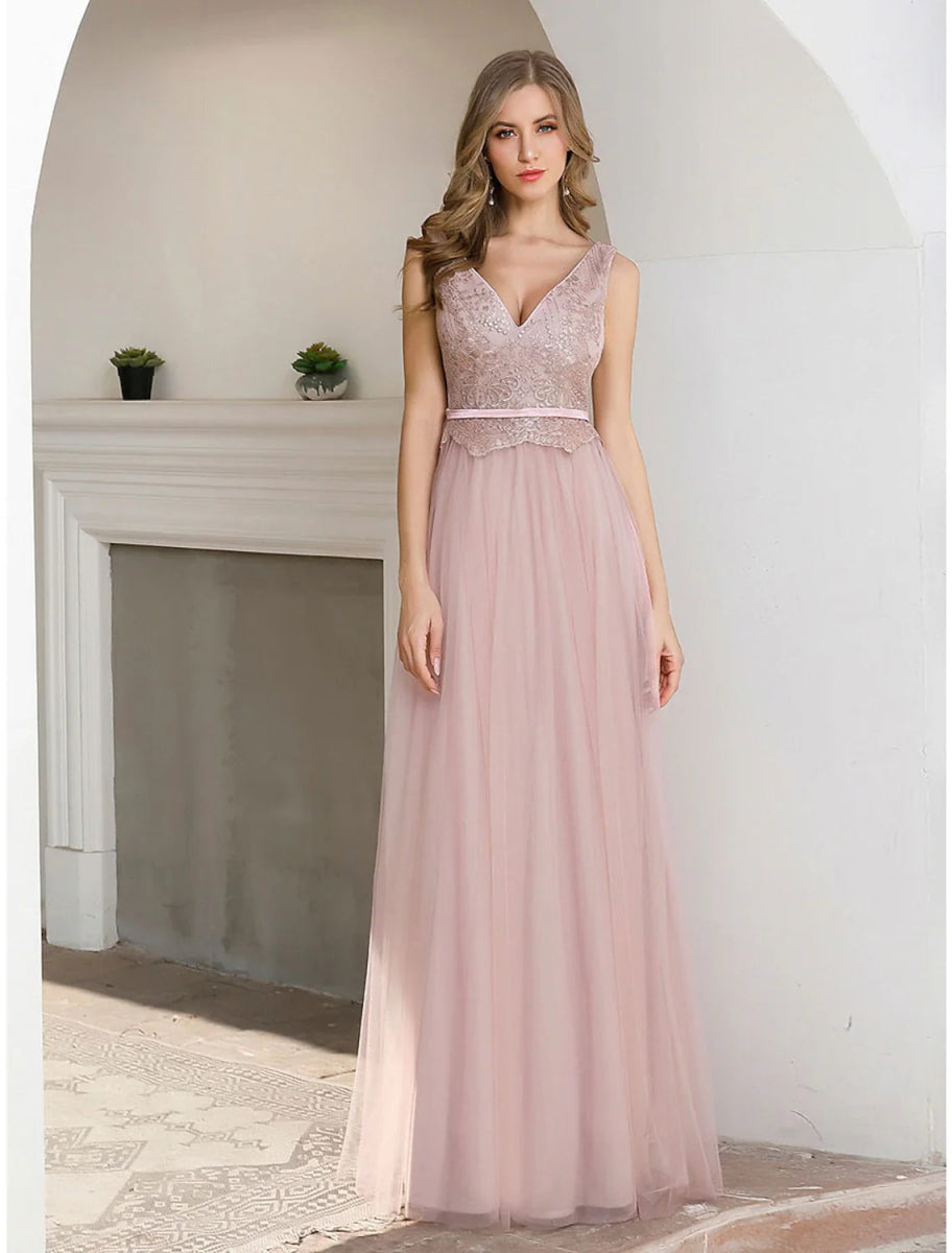 NumberSea - A - Line Evening Gown Elegant Dress Wedding Guest Formal Evening Floor Length Sleeveless V Neck Satin V Back with Sash / Ribbon Sequin