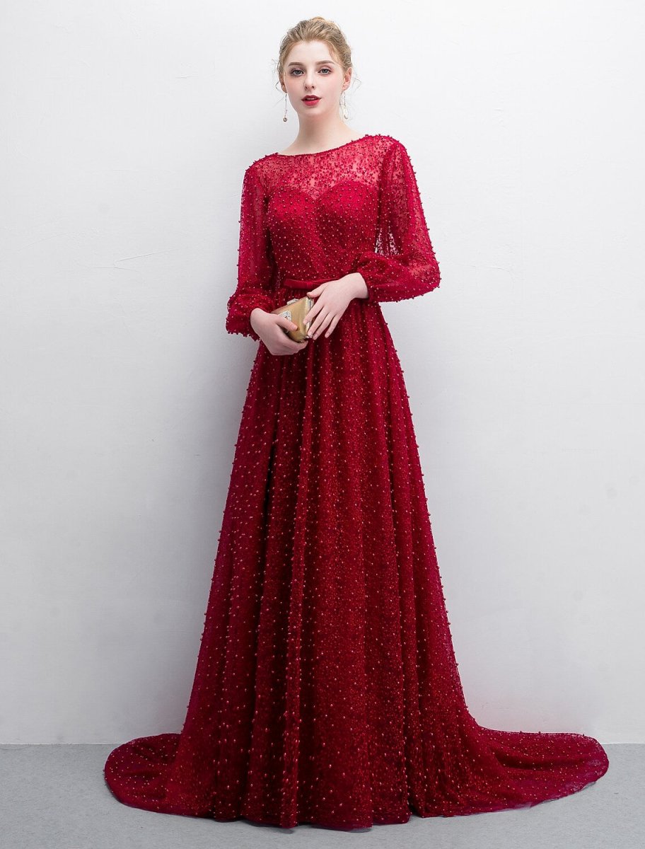 NumberSea - A - Line Evening Gown Elegant & Luxurious Dress Formal Evening Sweep / Brush Train Long Sleeve Boat Neck Lace with Sash / Ribbon Split Front