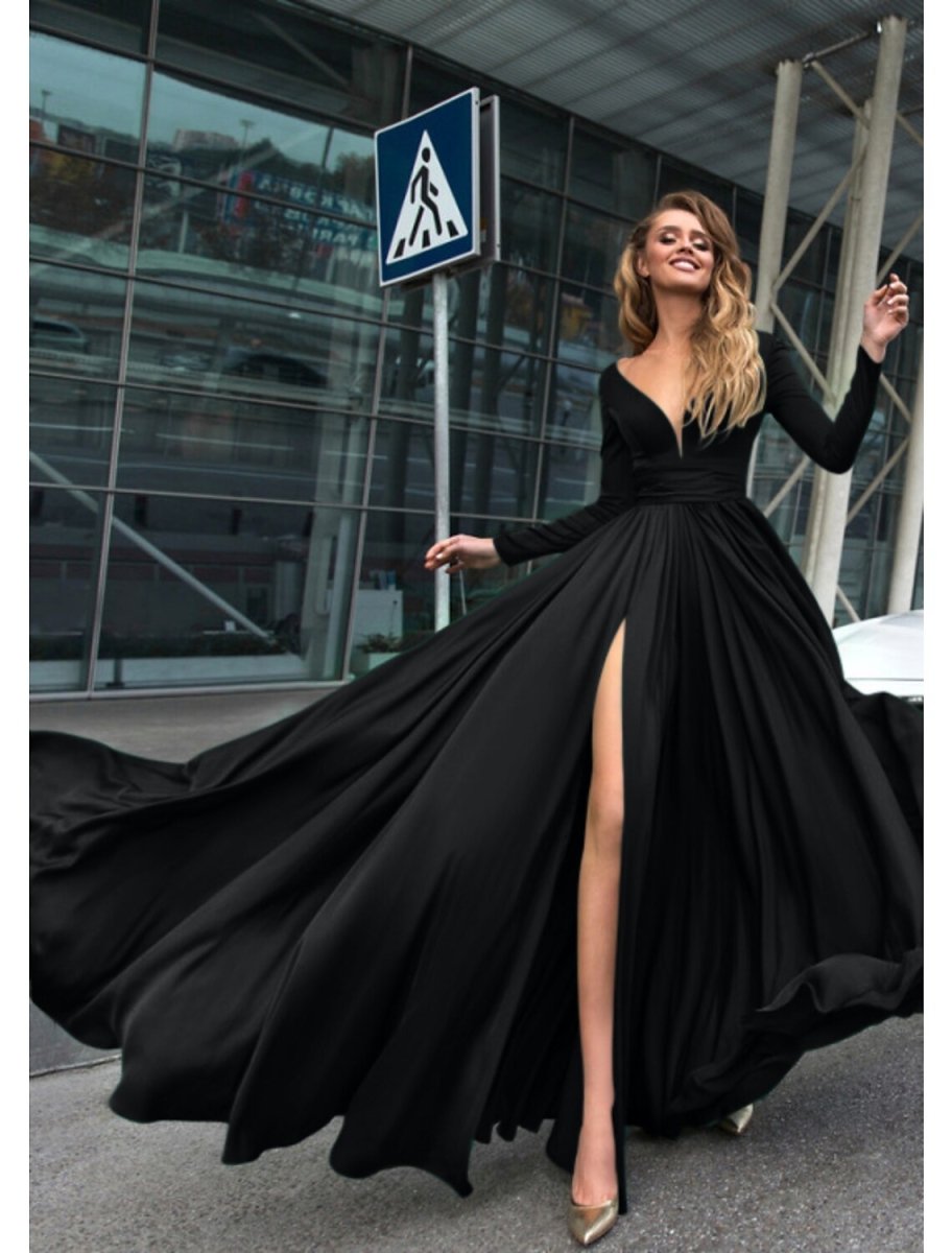 NumberSea - A - Line Evening Gown Empire Black Dress Holiday Wedding Guest Floor Length Long Sleeve V Neck Chiffon V Back with Slit Pure Color