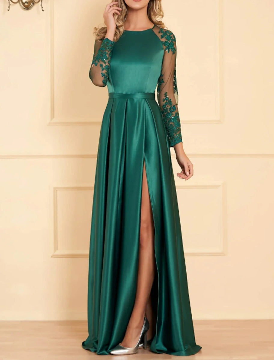 NumberSea - A - Line Evening Gown Empire Dress Christmas Wedding Guest Floor Length Long Sleeve Jewel Neck Satin with Appliques Split Front