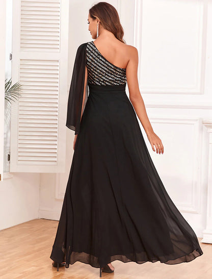 NumberSea - A - Line Evening Gown Empire Dress Evening Party Party Wear Floor Length Long Sleeve One Shoulder Chiffon with Glitter Slit