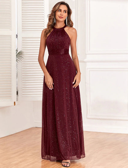 NumberSea - A - Line Evening Gown Empire Dress Evening Party Wedding Reception Floor Length Sleeveless Halter Neck Polyester Backless V Back with Glitter