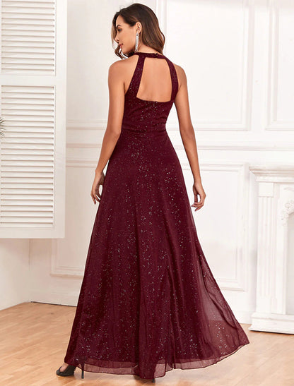 NumberSea - A - Line Evening Gown Empire Dress Evening Party Wedding Reception Floor Length Sleeveless Halter Neck Polyester Backless V Back with Glitter