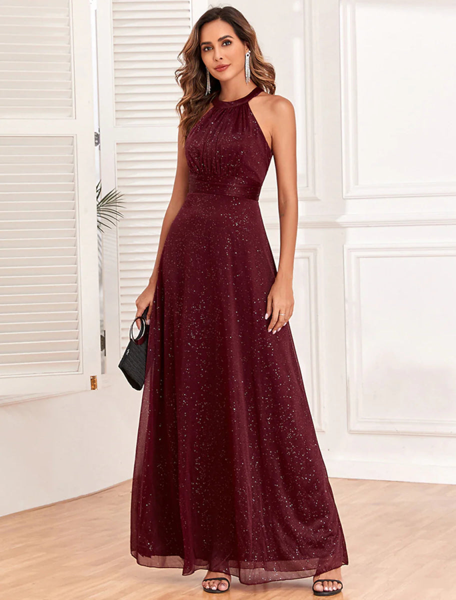 NumberSea - A - Line Evening Gown Empire Dress Evening Party Wedding Reception Floor Length Sleeveless Halter Neck Polyester Backless V Back with Glitter