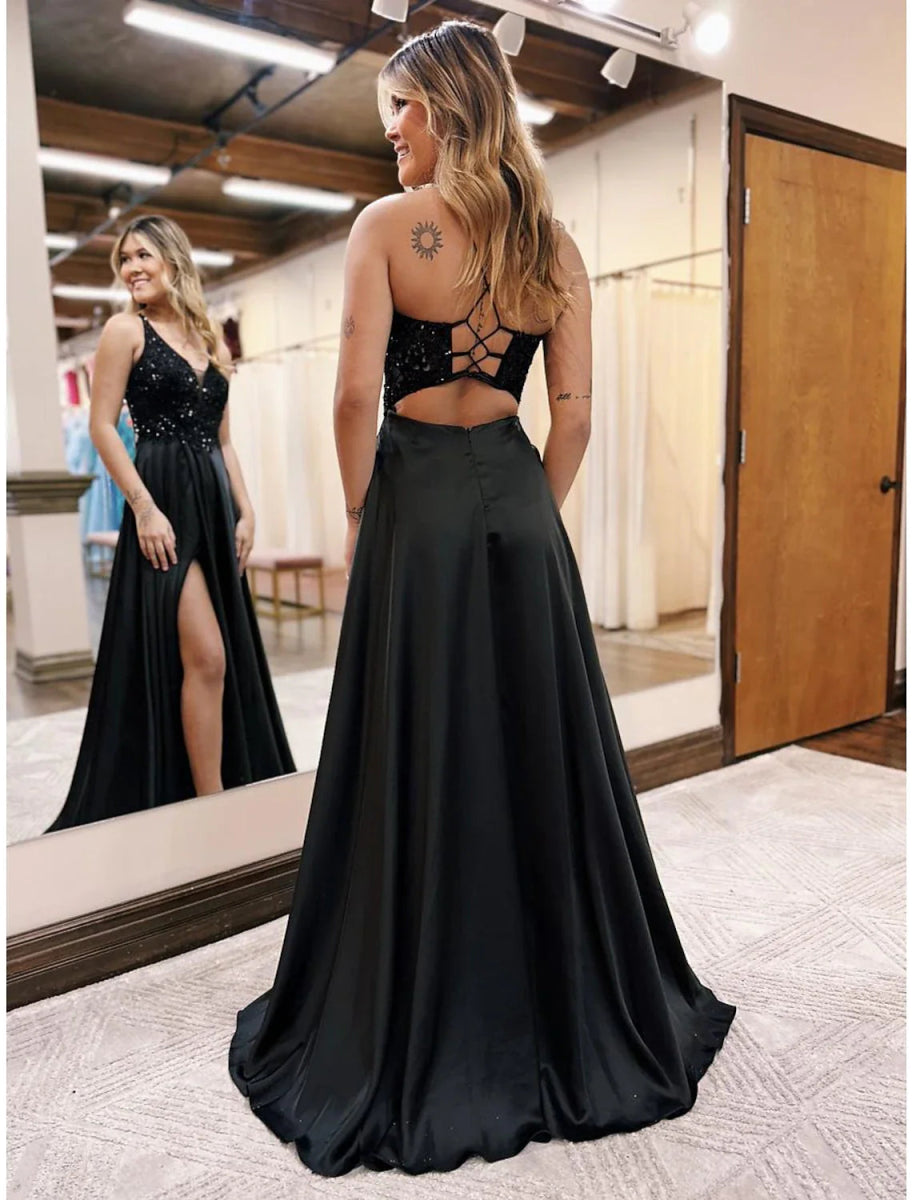 NumberSea - A - Line Evening Gown Empire Dress Formal Prom Floor Length Sleeveless V Neck Pocket Satin Backless with Beading Appliques