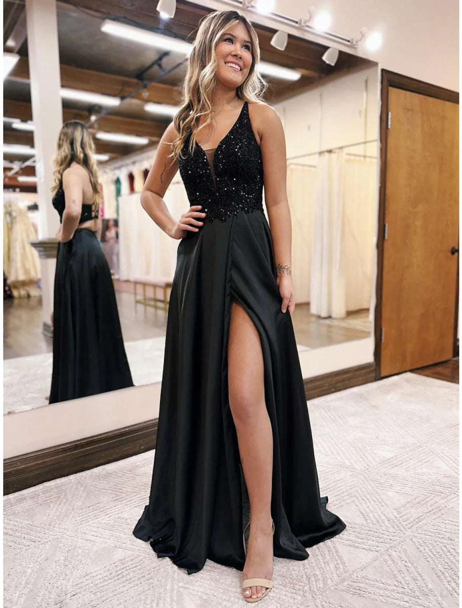 NumberSea - A - Line Evening Gown Empire Dress Formal Prom Floor Length Sleeveless V Neck Pocket Satin Backless with Beading Appliques