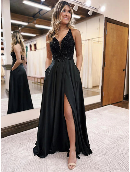 NumberSea - A - Line Evening Gown Empire Dress Formal Prom Floor Length Sleeveless V Neck Pocket Satin Backless with Beading Appliques