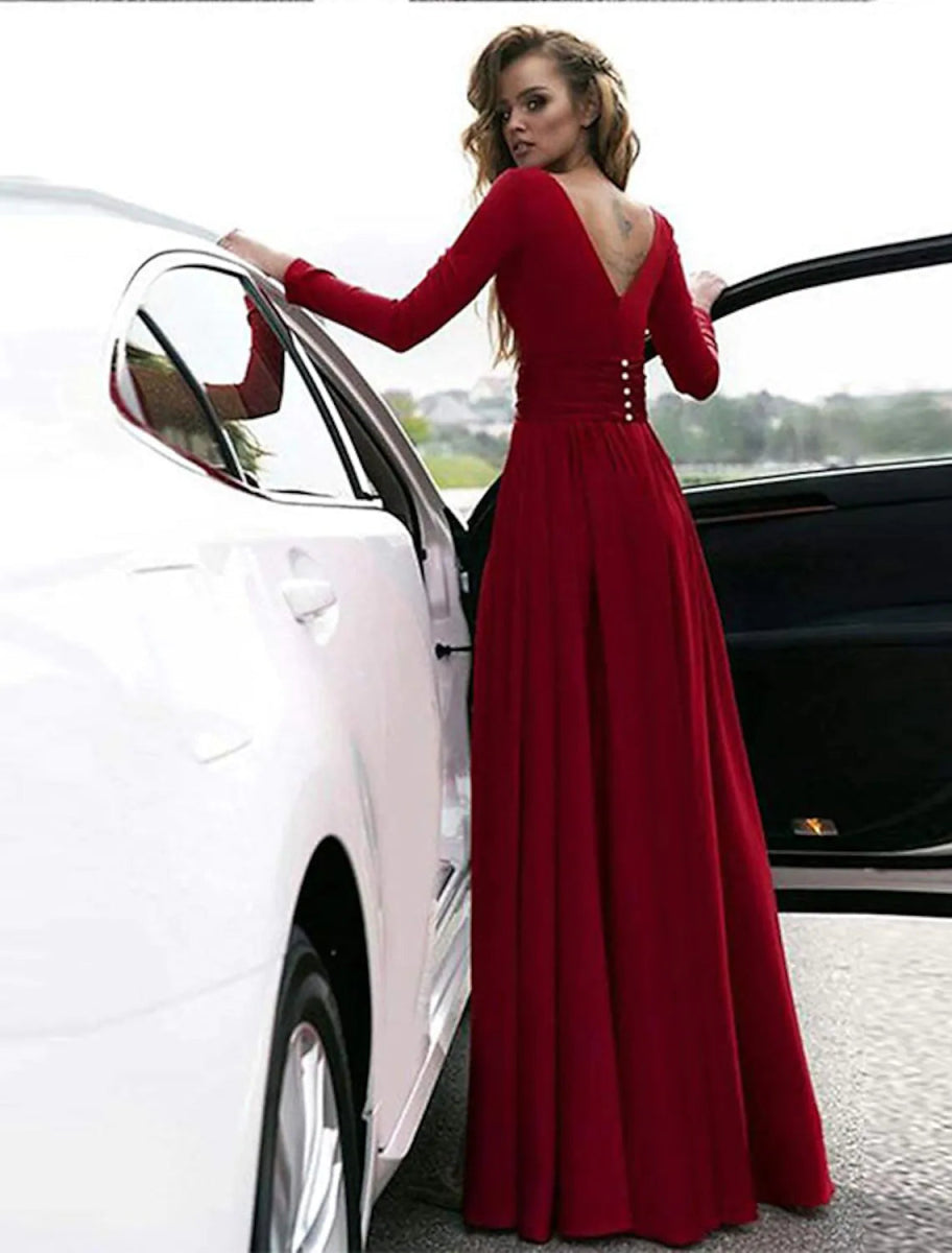 NumberSea - A - Line Evening Gown Empire Dress Holiday Floor Length Long Sleeve V Neck Chiffon V Back with Slit Pure Color