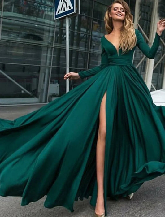 NumberSea - A - Line Evening Gown Empire Dress Holiday Floor Length Long Sleeve V Neck Chiffon V Back with Slit Pure Color