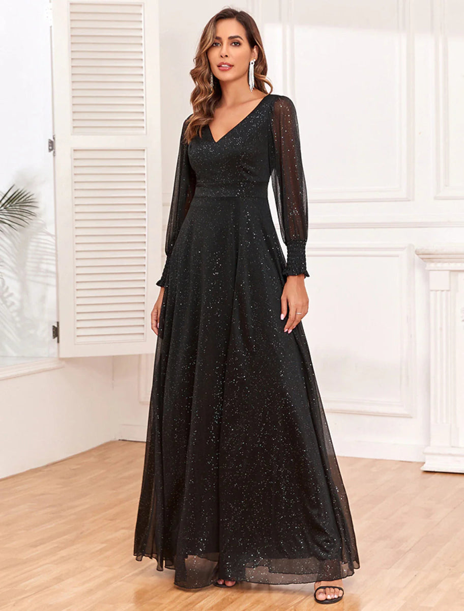 NumberSea - A - Line Evening Gown Empire Dress Party Wear Floor Length Long Sleeve V Neck Tulle V Back with Glitter Slit