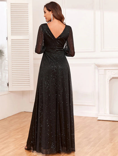 NumberSea - A - Line Evening Gown Empire Dress Party Wear Floor Length Long Sleeve V Neck Tulle V Back with Glitter Slit