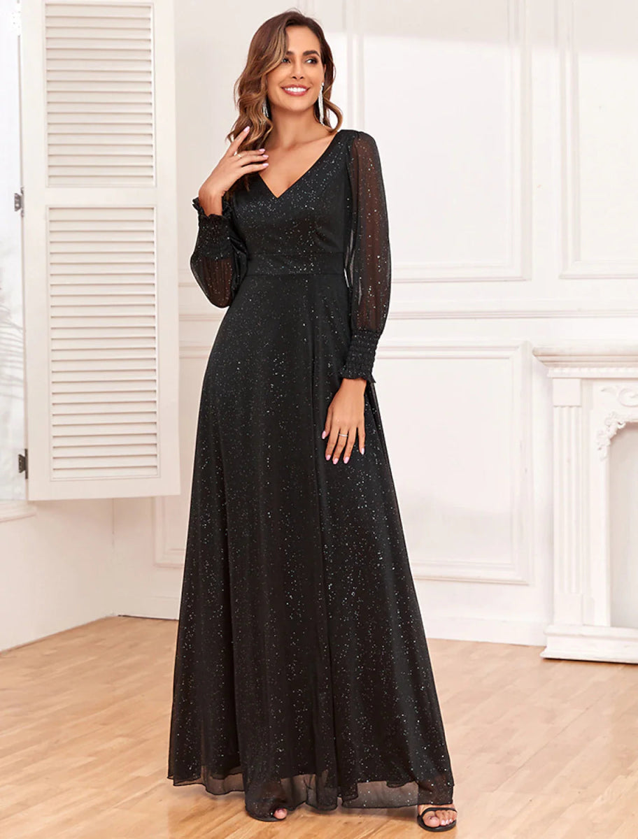 NumberSea - A - Line Evening Gown Empire Dress Party Wear Floor Length Long Sleeve V Neck Tulle V Back with Glitter Slit