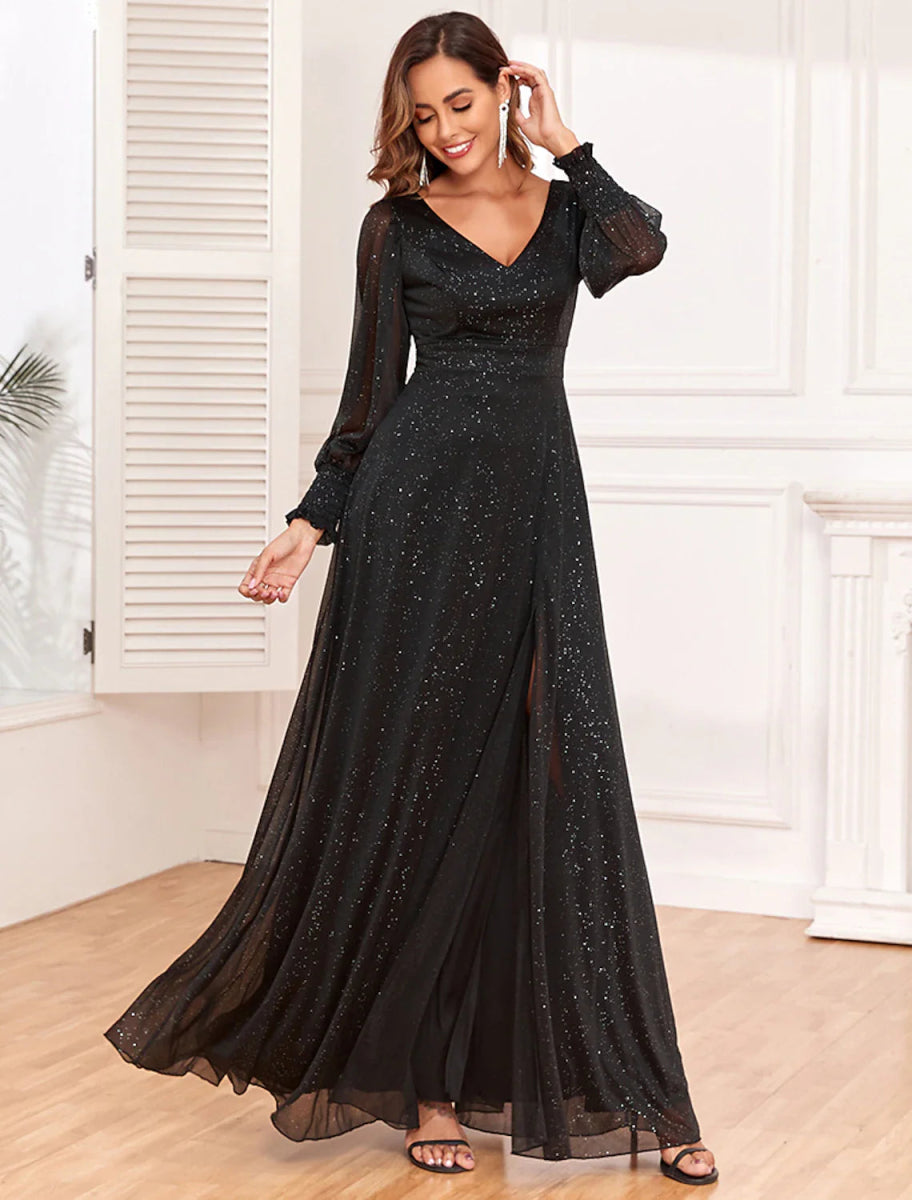 NumberSea - A - Line Evening Gown Empire Dress Party Wear Floor Length Long Sleeve V Neck Tulle V Back with Glitter Slit