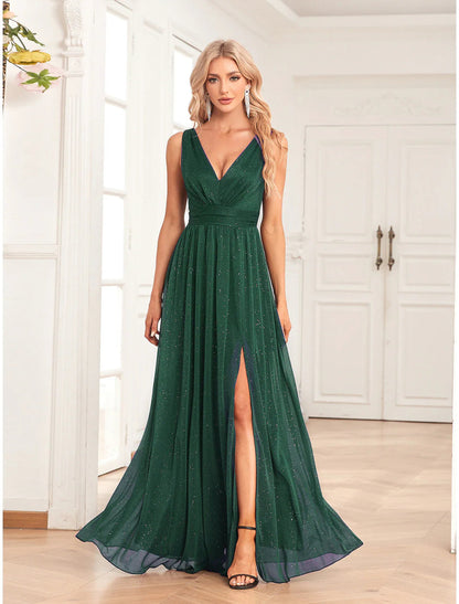 NumberSea - A - Line Evening Gown Empire Dress Party Wear Floor Length Sleeveless V Neck Spandex V Back with Glitter Slit