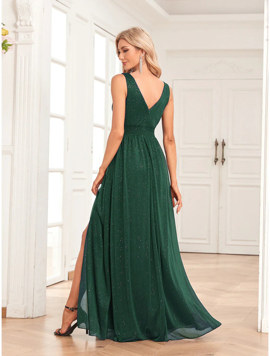 NumberSea - A - Line Evening Gown Empire Dress Party Wear Floor Length Sleeveless V Neck Spandex V Back with Glitter Slit