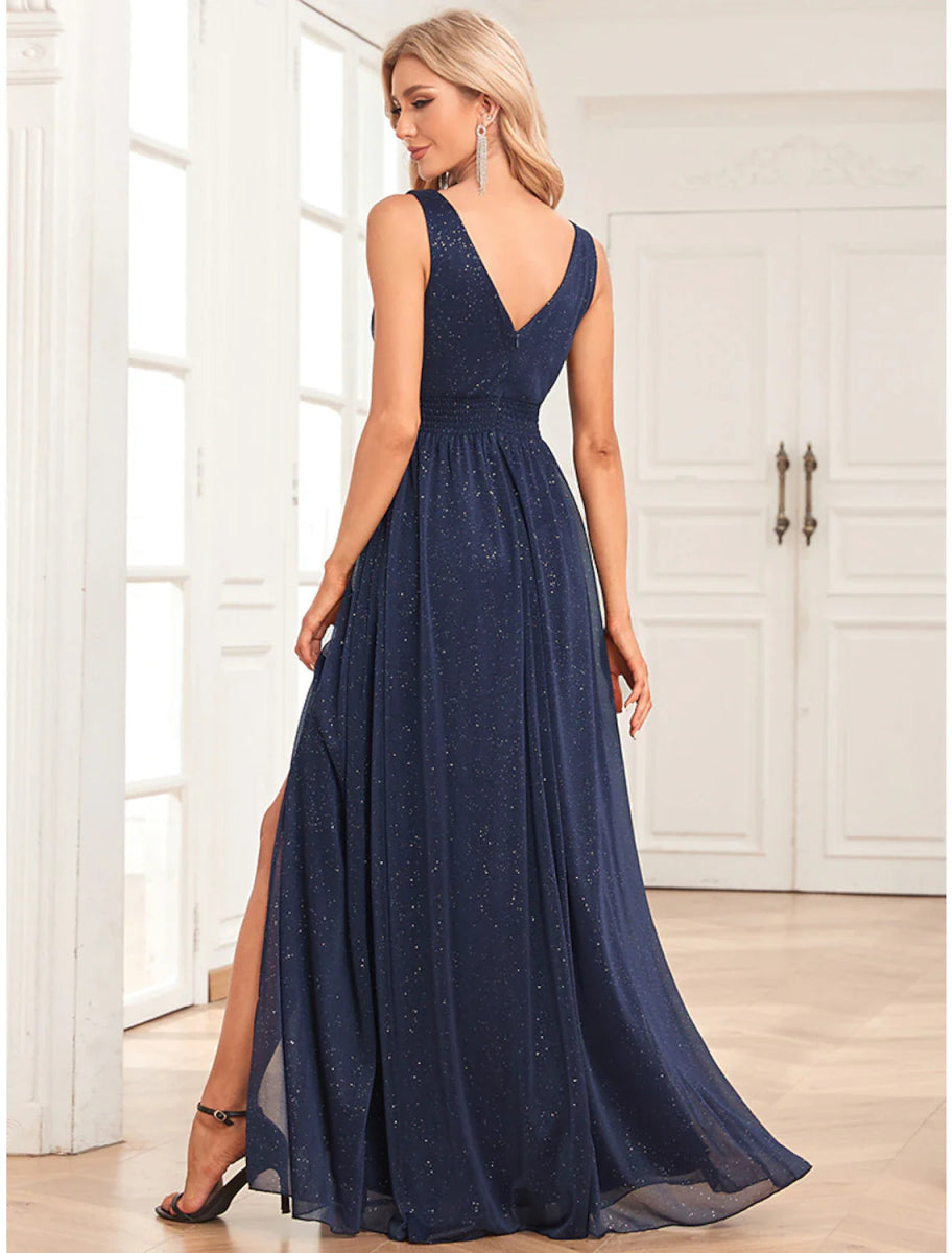 NumberSea - A - Line Evening Gown Empire Dress Party Wear Floor Length Sleeveless V Neck Spandex V Back with Glitter Slit