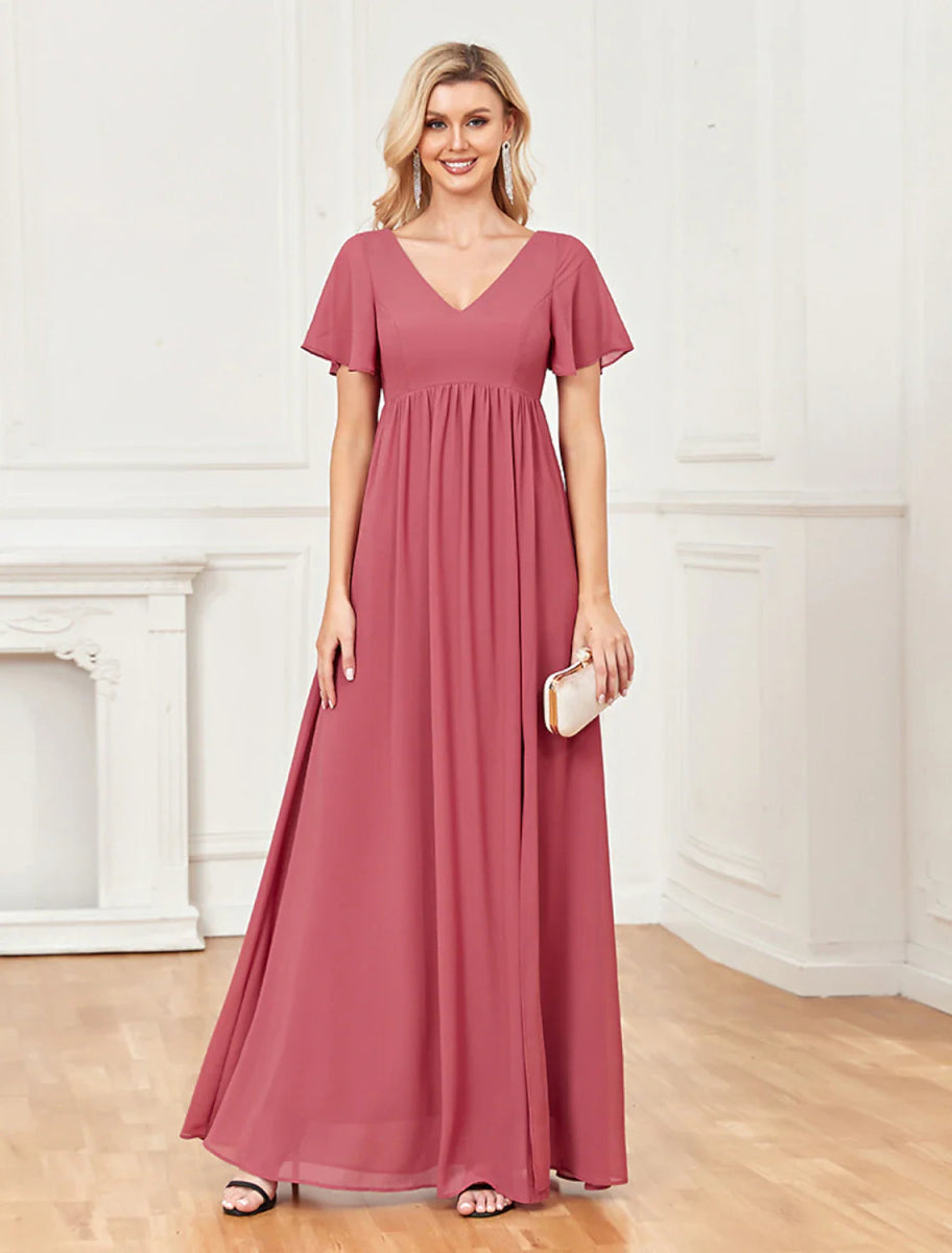 NumberSea - A - Line Evening Gown Empire Dress Party Wear Wedding Party Floor Length Short Sleeve V Neck Chiffon V Back with Slit