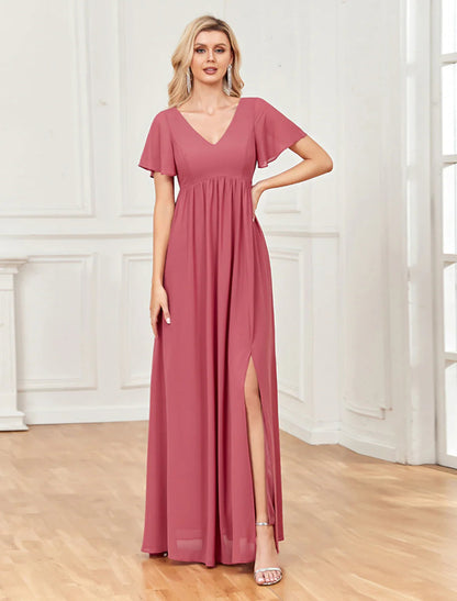 NumberSea - A - Line Evening Gown Empire Dress Party Wear Wedding Party Floor Length Short Sleeve V Neck Chiffon V Back with Slit