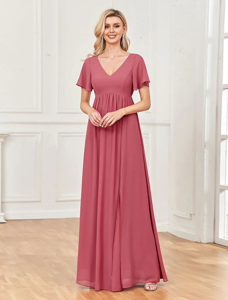 NumberSea - A - Line Evening Gown Empire Dress Party Wear Wedding Party Floor Length Short Sleeve V Neck Chiffon V Back with Slit